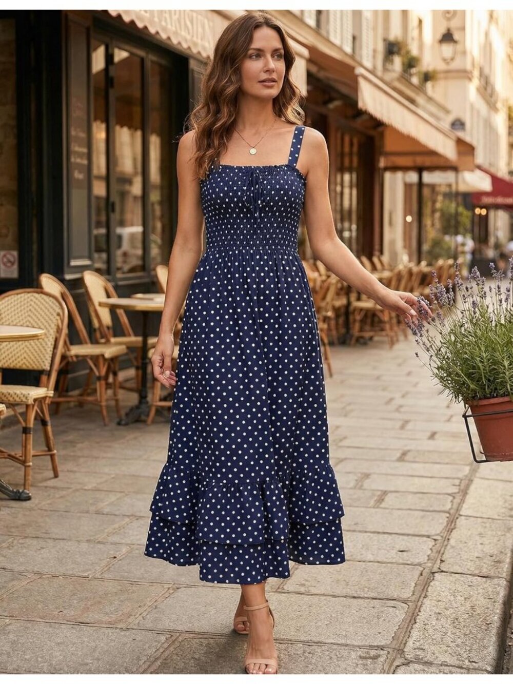 〽️Women's Navy Blue Dots Square Neck Strapped A LINE Floral Boho Long Maxi Dress